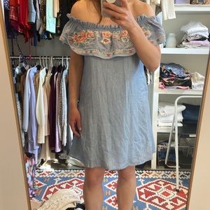 Off shoulder blue with floral design dress